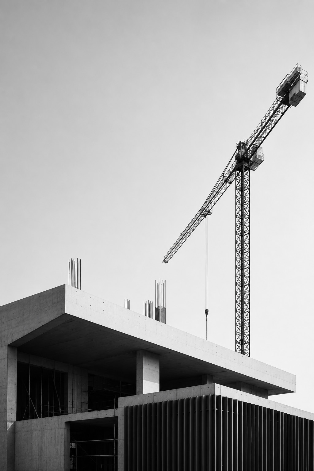 Concrete structure under construction with a tower crane